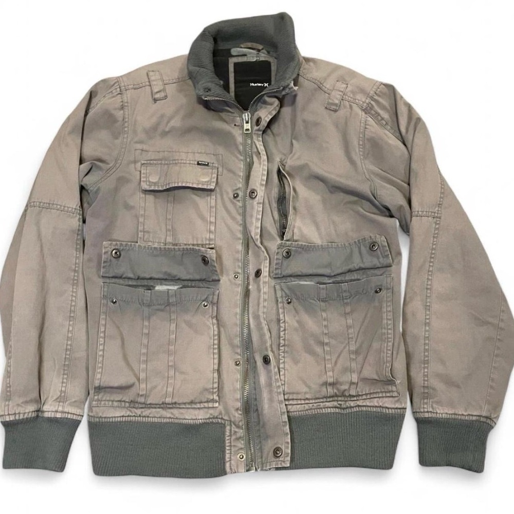 Hurley Men's Vintage Y2K Multi-Pocket Cargo Military Bomber Jacket Camo Lined